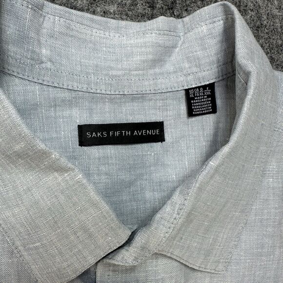 Saks Fifth Avenue Shirt Mens XL Blue Linen Button Up Short Sleeve EUC - Picture 3 of 9